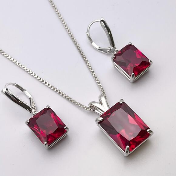 Gorgeous 27ctw Emerald Cut Ruby Necklace & Earrings Set in Sterling Silver - Picture 3 of 4
